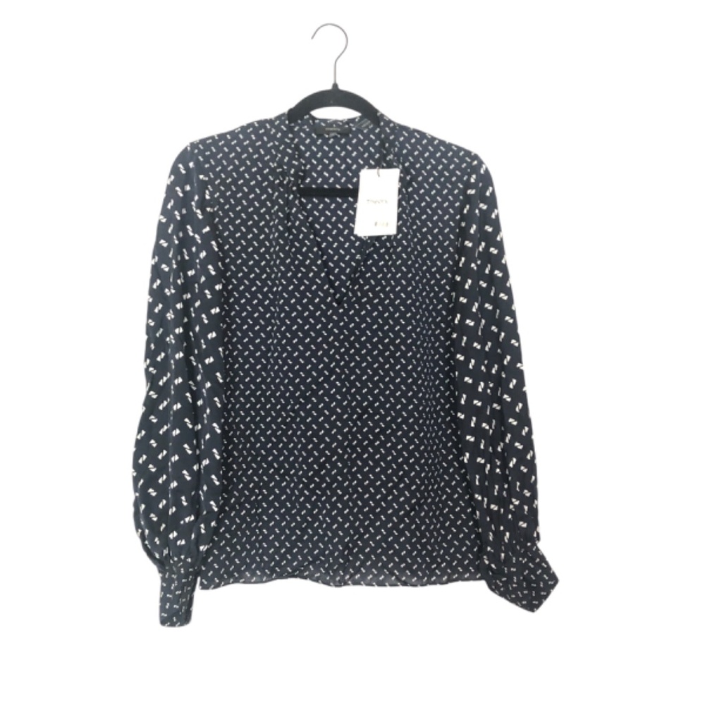 THEORY Blouson Sleeve Navy Blue 100% Silk Top Size Small